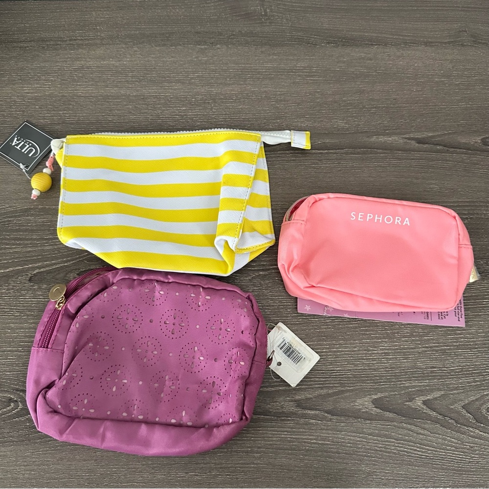 Ulta Sephora Makeup Travel Cosmetic Bag Lot Three Pink Yellow Stripe Lasercut